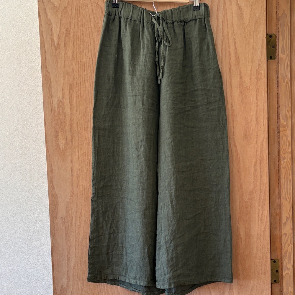 Mahina Forest Green women’s wide leg Relaxed Linen pants NWT